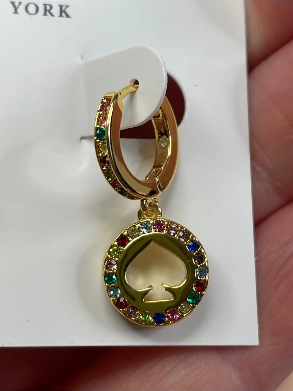 NWT kate spade Gold-Tone Multi-Color Crystal Spade Drop Hoop Earrings MSRP $69